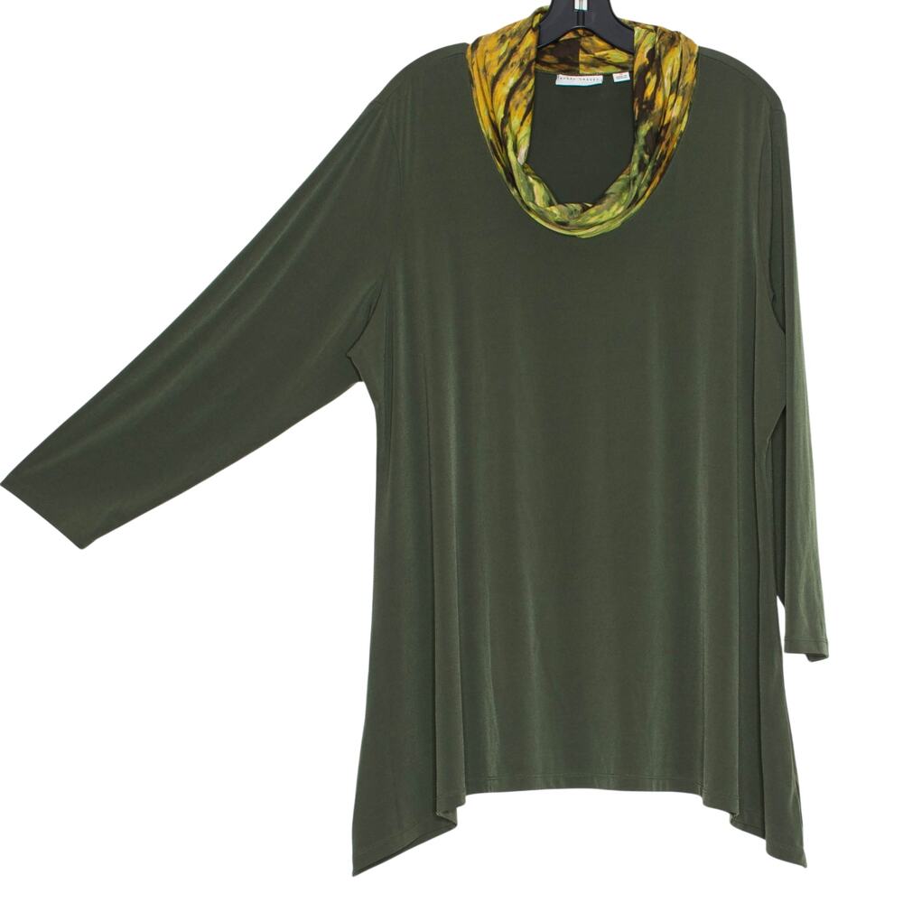 Susan Graver Tunic Top Liquid Knit Cowl Neck Green Plus Size 1X Olive Green Boho - Picture 6 of 7